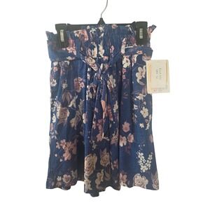 LuLaRoe Ella Shorts Womens XXS Blue Pink Floral Paperbag Waist Tie Belt NWT